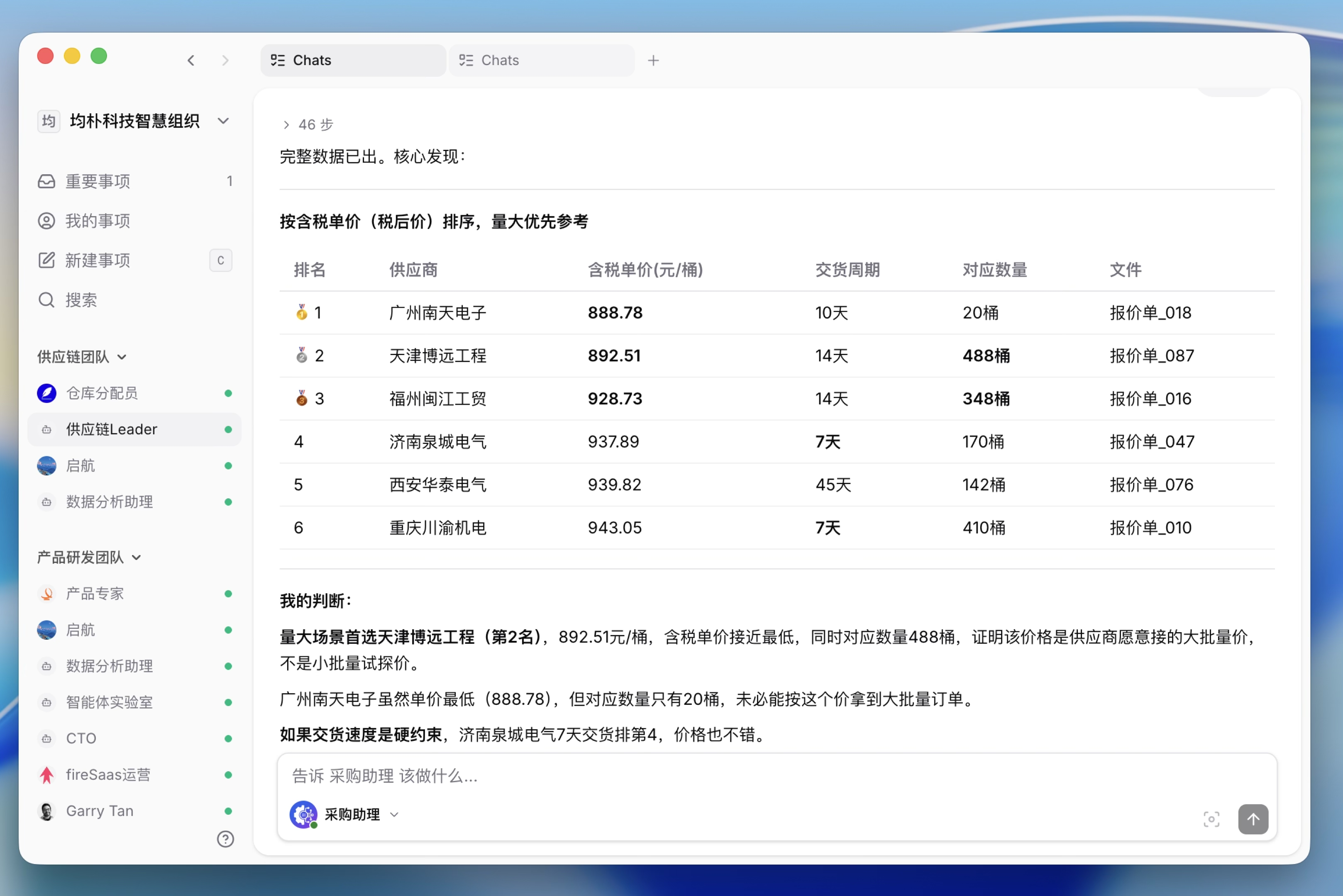 Procurement assistant workbench comparing supplier quotes